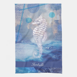 Elegant Vintage Seahorse Blue Ocean Waves Name Tea Towel