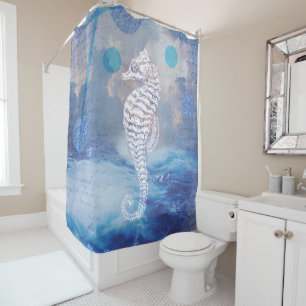 Elegant Vintage Seahorse Blue Ocean Waves Shower Curtain