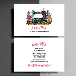Elegant Vintage Sewing Machine & Colourful Flowers Business Card