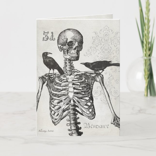 Elegant vintage skeleton & crows Halloween card (Front)