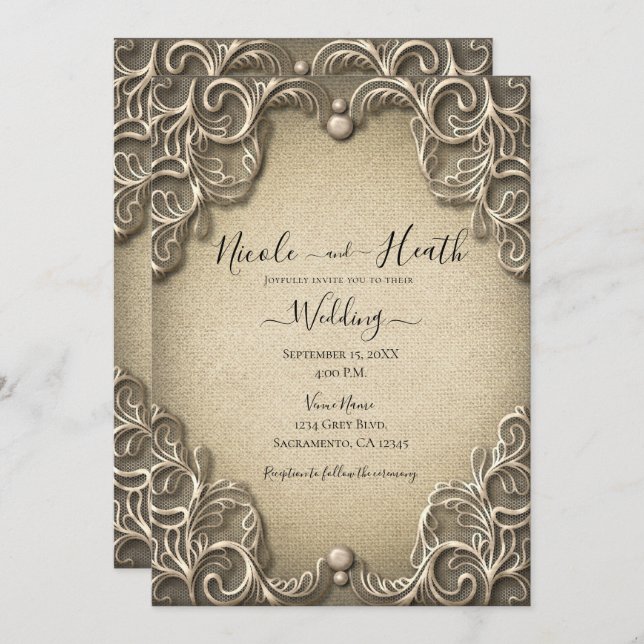 Elegant Vintage Southern Charm Burlap Lace Wedding Invitation (Front/Back)