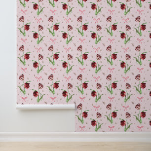 Elegant Vintage Spring Bows Tulips Floral Pattern Wallpaper
