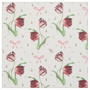 Elegant Vintage Spring Pink Bows Tulips Floral  Fabric