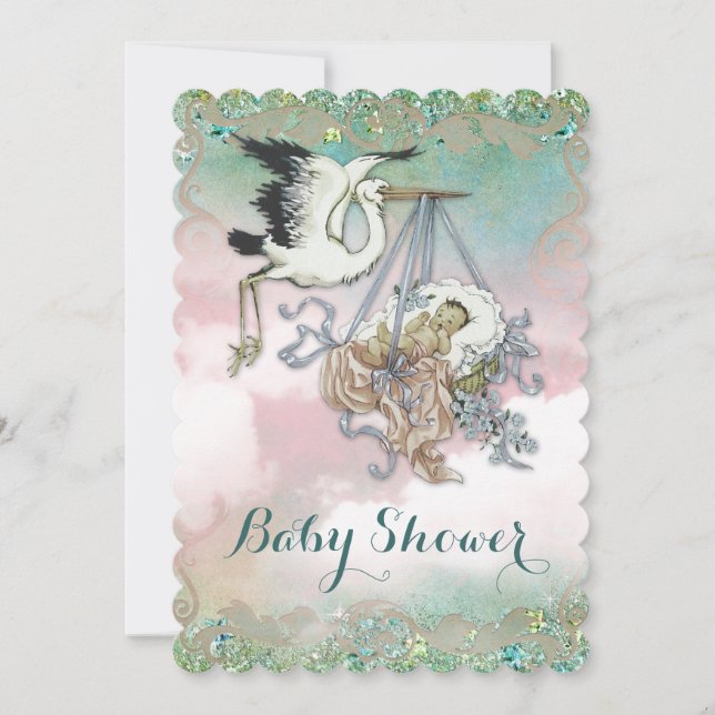 Elegant Vintage Stork Baby Shower Invitation (Front)