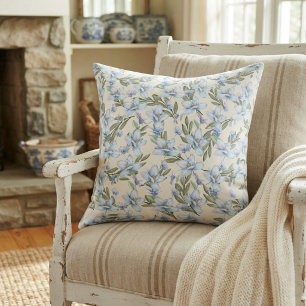 Elegant Vintage Style Blue Flowers & Green Leaves Cushion