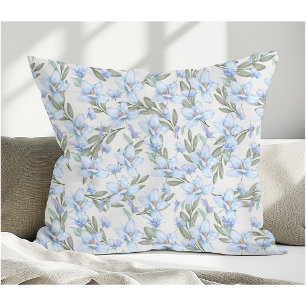 Elegant Vintage Style Blue Flowers & Green Leaves Cushion