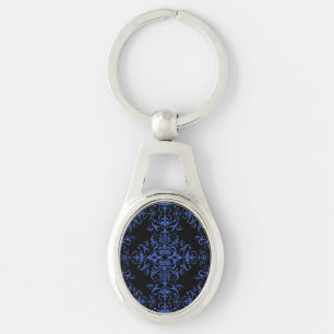 Elegant Vintage Style Damask Blue Black Key Ring