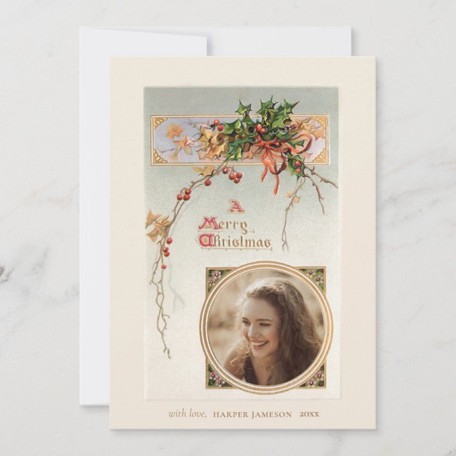 Elegant Vintage Style Holly and Photo Holiday Card (Front)