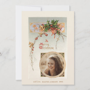 Elegant Vintage Style Holly and Photo Holiday Card