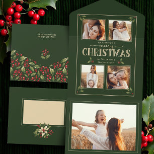 Elegant Vintage Style Merry Christmas 4-Photo  All In One Invitation