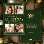 Elegant Vintage Style Merry Christmas 4-Photo  Holiday Card<br><div class="desc">This classic and elegant design features a four-photo template,  tailored thin line ecru borders,  custom Merry Christmas typography and decorative vintage style holly leaves and berries on a dark sage green background. The back features editable message and personalisation text fields and complementary floral and border graphics.</div>