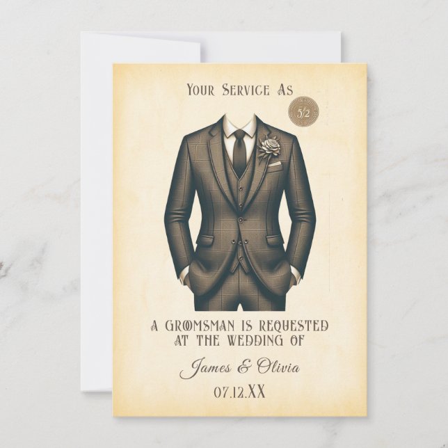Elegant Vintage Suit Groomsman Proposal Request  Invitation (Front)