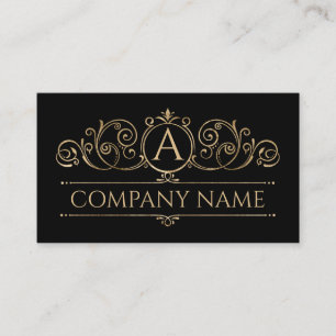 Elegant Vintage Swirl Monogram Gold on Black Business Card