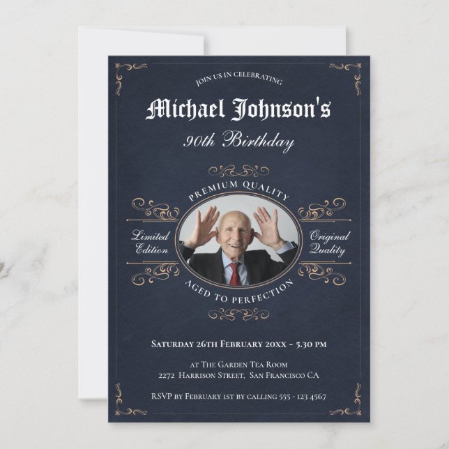 Elegant Vintage Swirls Birthday Navy Custom Photo  Invitation (Front)