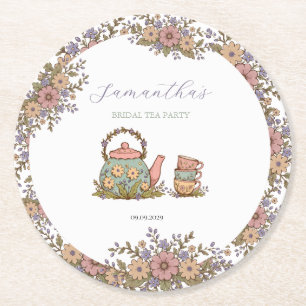 Elegant Vintage Tea Party Bridal Shower Round Paper Coaster