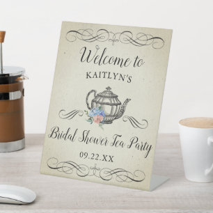 Elegant Vintage Tea Party   Bridal Shower Welcome Pedestal Sign