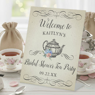 Elegant Vintage Tea Party   Bridal Shower Welcome Pedestal Sign