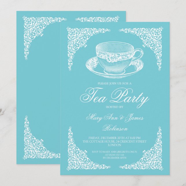 Elegant Vintage Tea Party Robin Egg Blue Invitation (Front/Back)