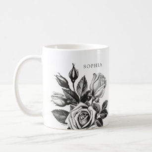 Elegant Vintage Tea Roses   Black and White Coffee Mug