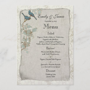 Elegant Vintage Teal Birds Damask Wedding Menu