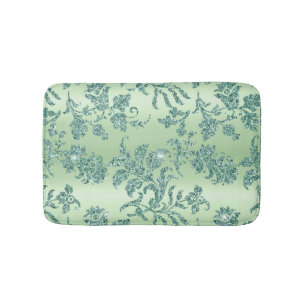Elegant Vintage Teal Floral Silver Gilitter Accent Bath Mat