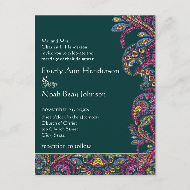 Elegant Vintage Teal Paisley Wedding Invitation Postcard (Front)