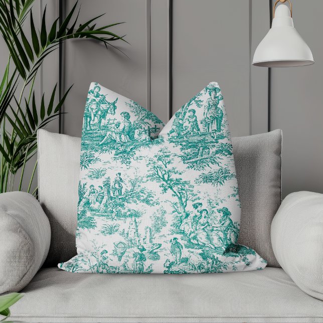 Elegant vintage teal turquoise toile de jouy cushion (Creator Uploaded)