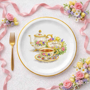 Elegant Vintage Teapot Teacup Mother's Day  Paper Plate