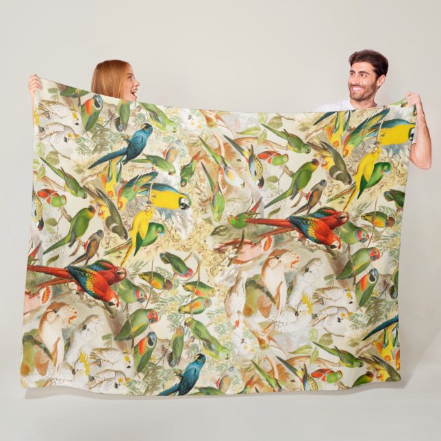 Elegant Vintage Tropical Birds Parrots Fleece Blanket (In Situ)