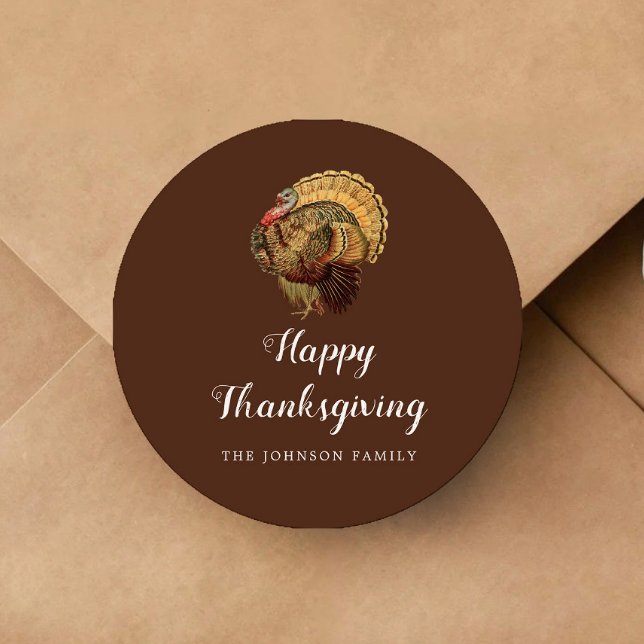 Elegant Vintage Turkey Happy Thanksgiving Classic Round Sticker (Elegant Vintage Turkey Happy Thanksgiving Classic Round Sticker)