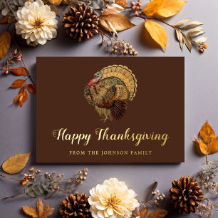 Elegant Vintage Turkey Happy Thanksgiving Gold Foil Holiday Card