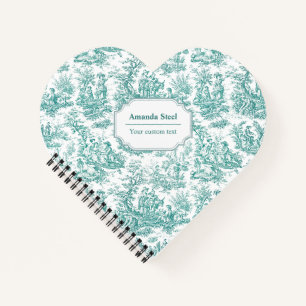 Elegant vintage turquoise toile de jouy heart notebook