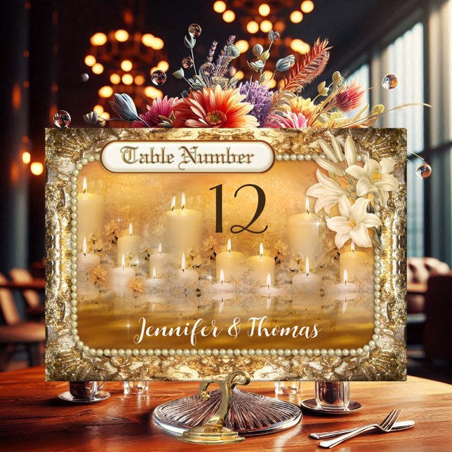 Elegant Vintage Twin Flames Table Number Card (Romantic table number card in vintage style with floating candles and flowers)