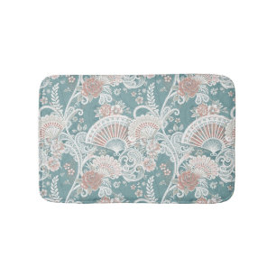 Elegant Vintage Victorian Fans Floral Lace Teal Bath Mat