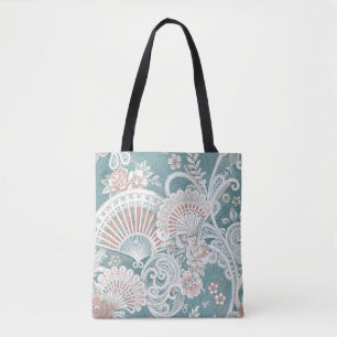 Elegant Vintage Victorian Fans Floral Lace Teal Tote Bag