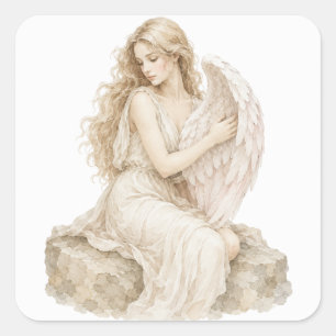 Elegant Vintage Watercolor Angel Sitting on a Rock Square Sticker