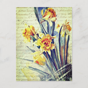 Elegant Vintage Watercolor Art Yellow Daffodils  Postcard