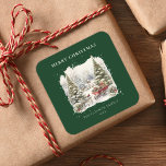 Elegant Vintage Watercolor Christmas Trees  Square Sticker<br><div class="desc">For your gift wrap needs. A vintage watercolor Christmas trees in woods sticker which can be personalised with the inclusion of your text.</div>