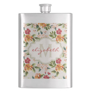 Elegant Vintage Watercolor Flowers Monogrammed Hip Flask