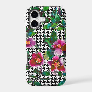Elegant vintage watercolor pink roses houndstooth