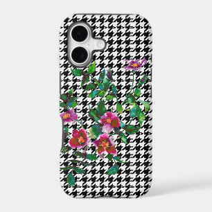 Elegant vintage watercolor pink roses houndstooth