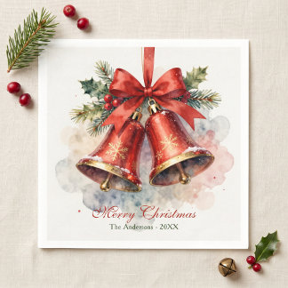 Elegant Vintage Watercolor Red Bells Christmas Napkin