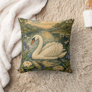 Elegant vintage watercolor white swan painting cushion