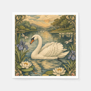 Elegant vintage watercolor white swan painting napkin