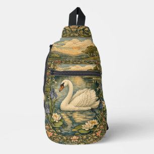 Elegant vintage watercolor white swan painting sling bag
