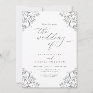 Elegant Vintage Wedding Grey Silver Invitation