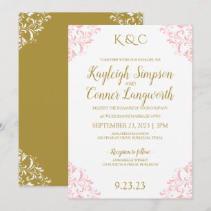 Elegant Vintage Wedding Invitation Pink & Gold