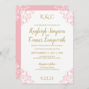 Elegant Vintage Wedding Invitation   Pink & Gold