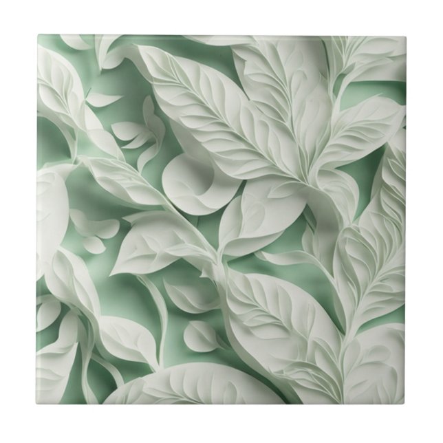 Elegant vintage white green botanical leaf pattern ceramic tile (Front)