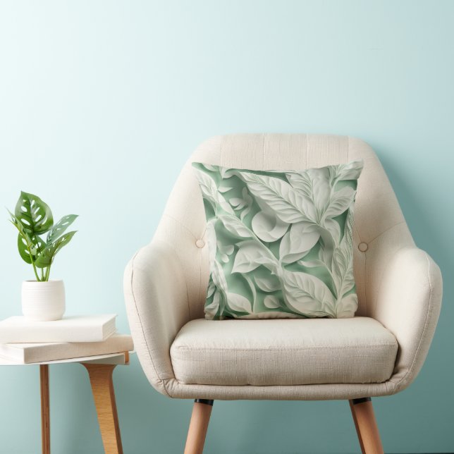 Elegant vintage white green botanical leaf pattern cushion (Chair)